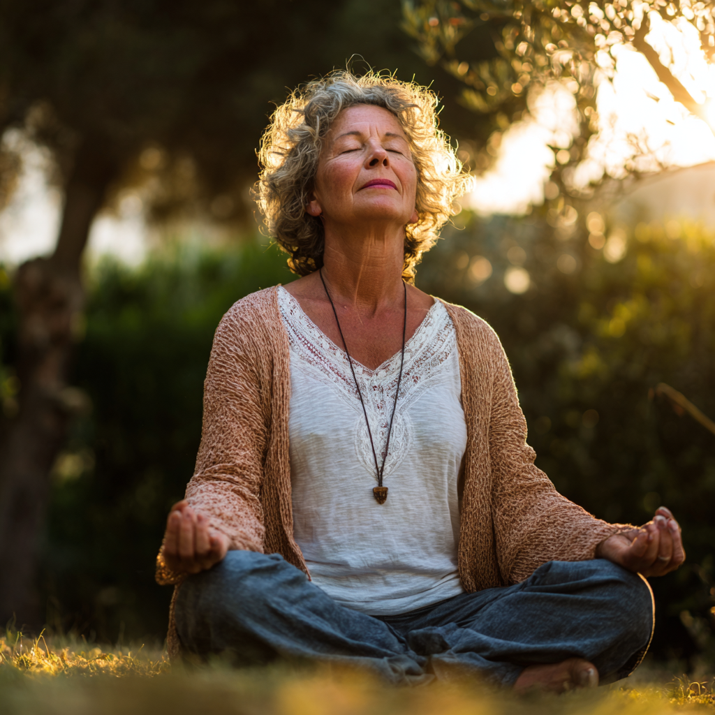 Peaceful older adult practicing gentle yoga poses in natural outdoor setting