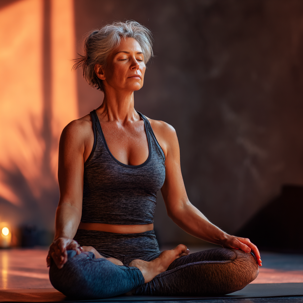 Serene middle-aged woman practicing meditation in peaceful yoga studio